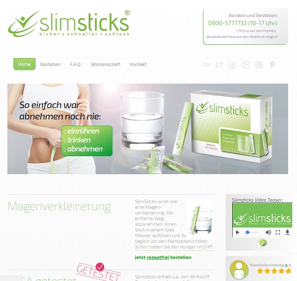 So sieht die Homepage von SlimSticks aus.